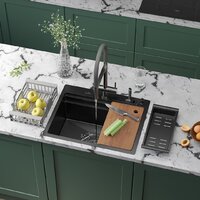 Кухонная мойка Roxen Stage 560250-60B PVD графит (c держателем для ножей, двумя коландерами, разделочной доской и дозатором) — Chaika Market