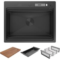 Кухонная мойка Roxen Stage 560250-60B PVD графит (c держателем для ножей, двумя коландерами, разделочной доской и дозатором) - Изображение №3 — Chaika Market