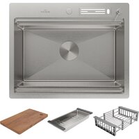 Кухонная мойка Roxen Stage 560250-60 сатин (c держателем для ножей, двумя коландерами, разделочной доской и дозатором) - Изображение №3 — Chaika Market
