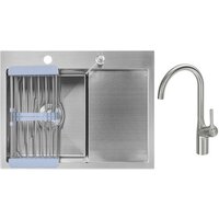 Кухонная мойка Saniteco 6550-L + Spike F9S07011 (сатин, с сифоном, дозатором и коландером) — Chaika Market
