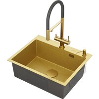 Кухонная мойка Roxen Snake 560220-60-GS PVD Gold золотая/текстурная (с коландером и дозатором) - Изображение №4 — Chaika Market