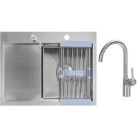 Кухонная мойка Saniteco 6550-R + Spike F9S07011 (сатин, с сифоном, дозатором и коландером) — Chaika Market